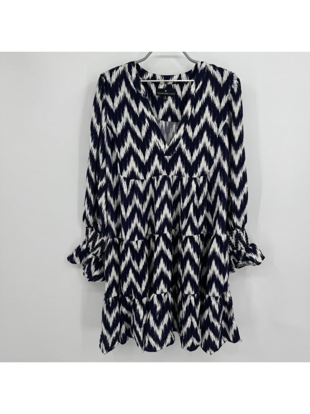 Pomander Place by Tuckernuck Kenzo Mini Dress sz XL Navy/White Ikat Swing Tiered